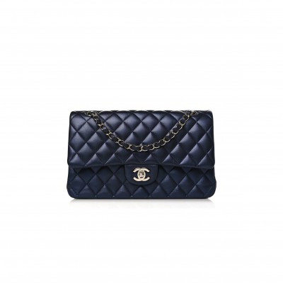 CHANEL IRIDESCENT CALFSKIN QUILTED MEDIUM DOUBLE FLAP NAVY (25*15*6cm)