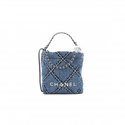 CHANEL STITCHED DENIM QUILTED MINI CHANEL 22 BLUE (19*18*6cm)