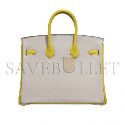 HERMÈS BIRKIN 25 SWIFT LEATHER PEARL GREY LEMON YELLOW SILVER BUCKLE BAG 3237 (25*20*13cm)