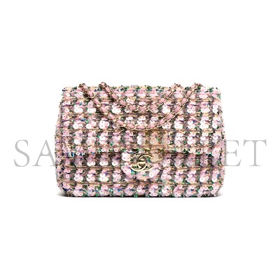CHANEL FLAP BAG SEQUINS & GOLD-TONE METAL LIGHT PINK, GREEN & YELLOW AS4561 (21*14*8cm)