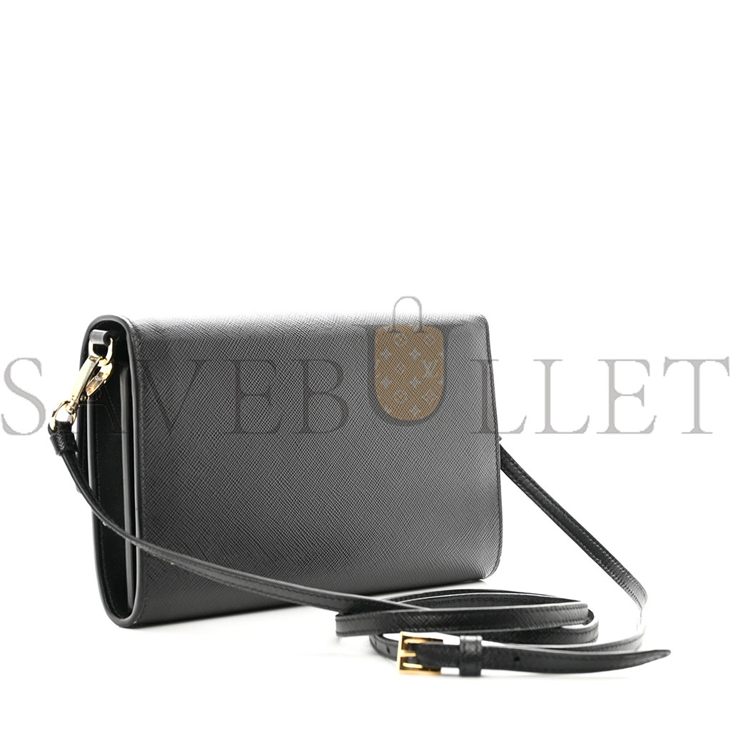 PRADA SAFFIANO WALLET WITH SHOULDER STRAP BLACK (21*14*4cm) PRADA SAFFIANO WALLET WITH SHOULDER STRAP BLACK (21*14*4cm)