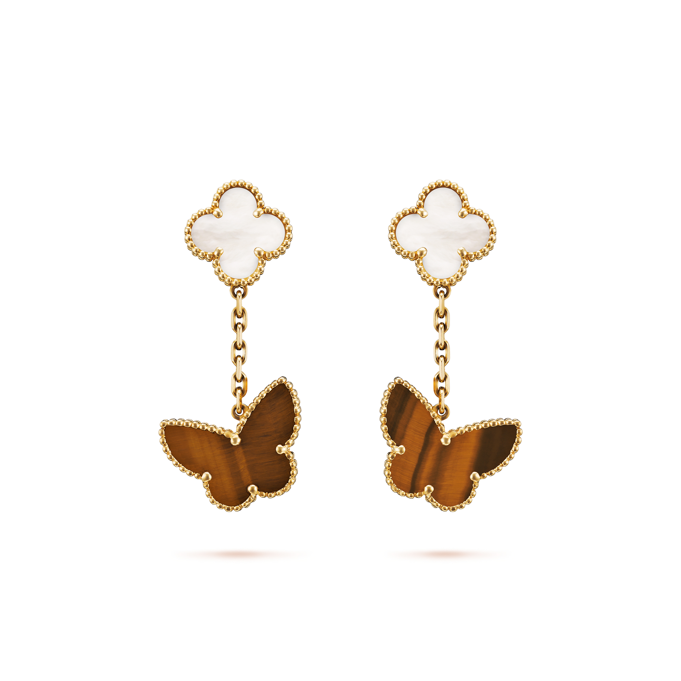 VAN CLEEF ARPELS LUCKY ALHAMBRA EARRINGS, 2 MOTIFS - YELLOW GOLD, MOTHER-OF-PEARL, TIGER EYE VCARD79800 VAN CLEEF ARPELS LUCKY ALHAMBRA EARRINGS, 2 MOTIFS - YELLOW GOLD, MOTHER-OF-PEARL, TIGER EYE VCARD79800