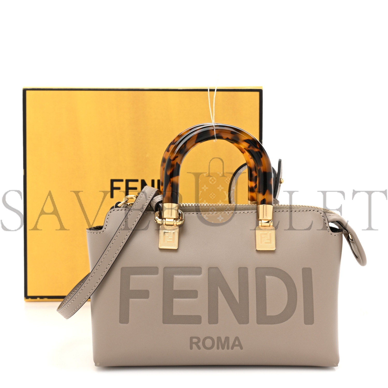 FENDI VITELLO KING PLEXIGLASS LOGO EMBOSSED MINI BY THE WAY TOP HANDLE BOSTON BAG TORTORA (17*11*8cm)