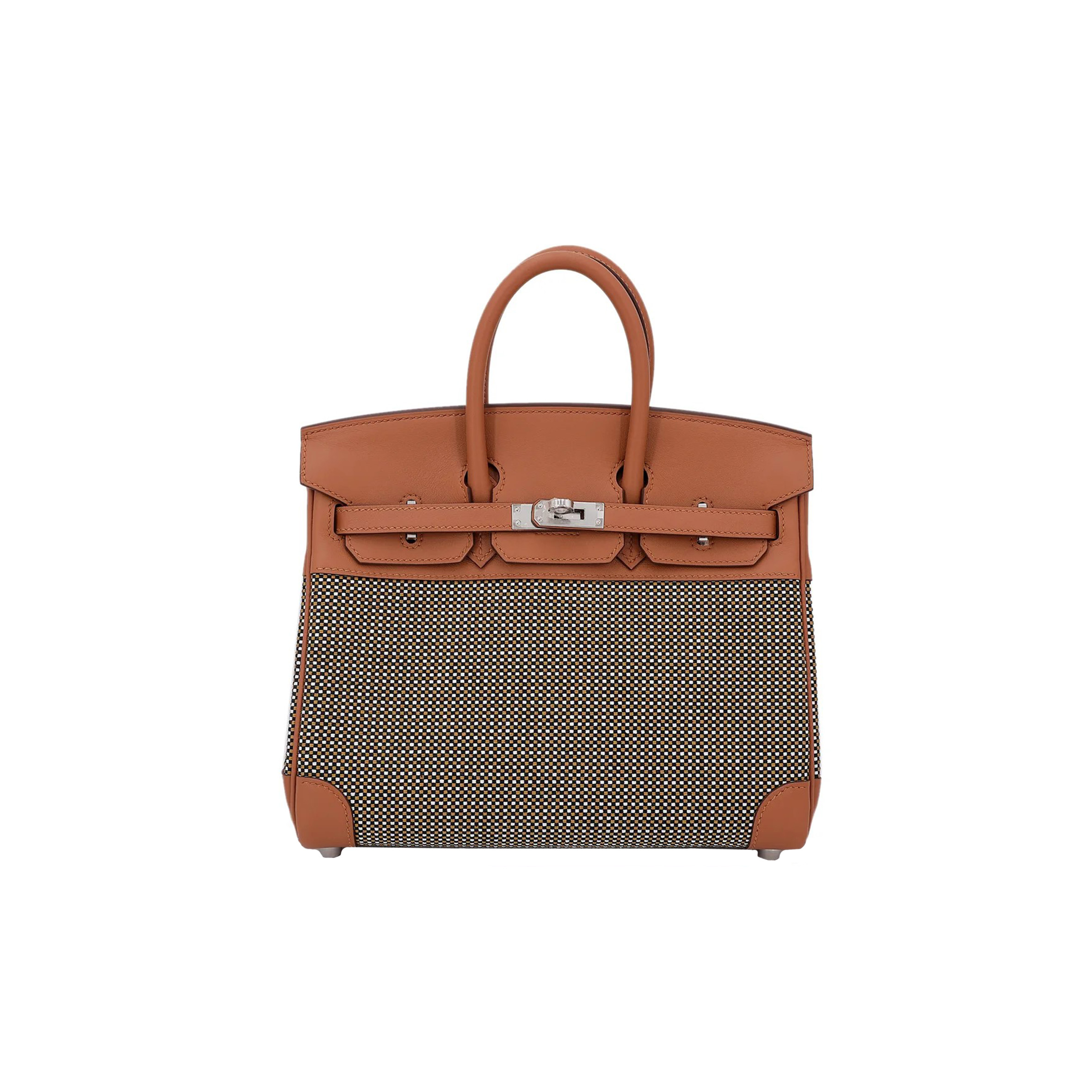 HERMES MASTER BIRKIN 25 QUADRILLE BROWN CANVAS LEATHER SILVER BUCKLE PLATINUM BAG 10093061 (25*20*13cm)