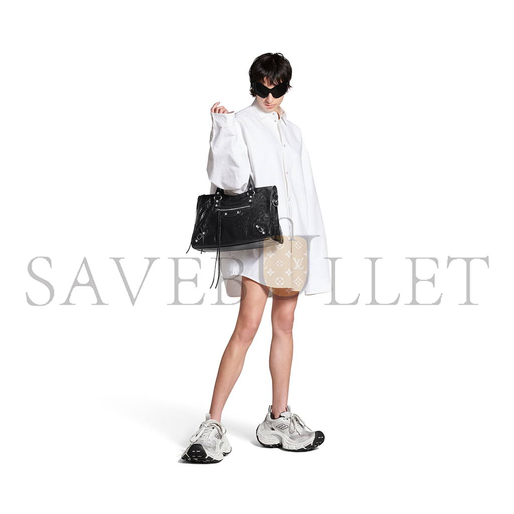 BALENCIAGA LE CITY MEDIUM BAG IN BLACK ARENA LAMBSKIN, SHINY SILVER HARDWARE 7977862AA9S1000 (29.9*19.1*9.9cm)