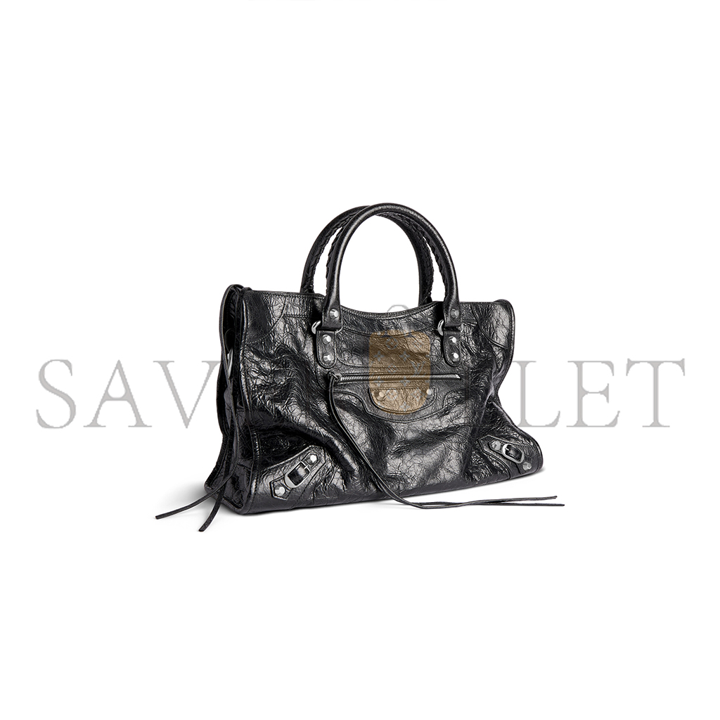 BALENCIAGA LE CITY MEDIUM BAG IN BLACK ARENA LAMBSKIN, SHINY SILVER HARDWARE 7977862AA9S1000 (29.9*19.1*9.9cm)