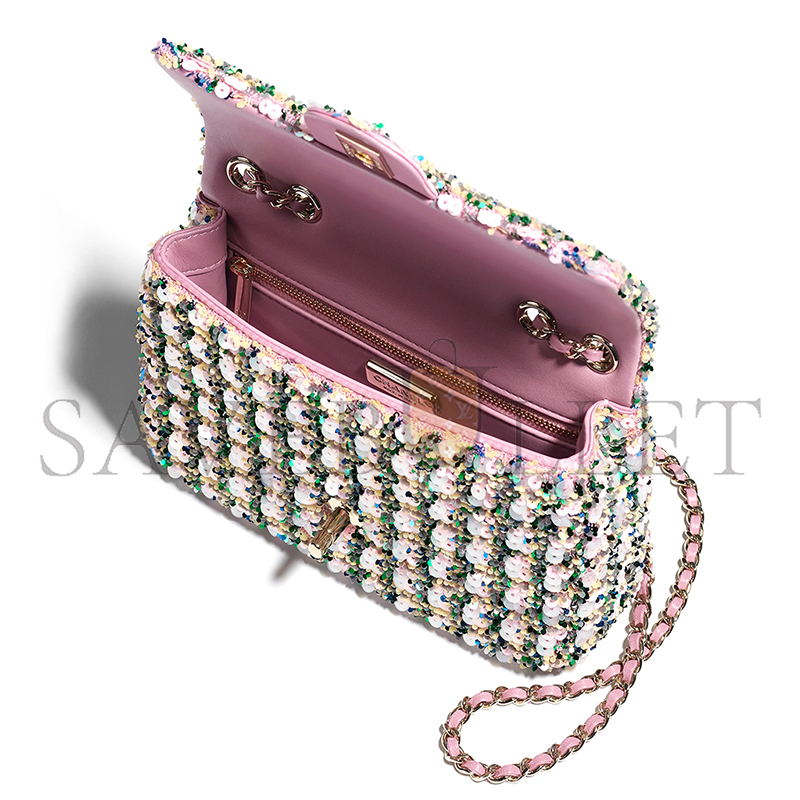 CHANEL FLAP BAG SEQUINS & GOLD-TONE METAL LIGHT PINK, GREEN & YELLOW AS4561 (21*14*8cm) CHANEL FLAP BAG SEQUINS & GOLD-TONE METAL LIGHT PINK, GREEN & YELLOW AS4561 (21*14*8cm)