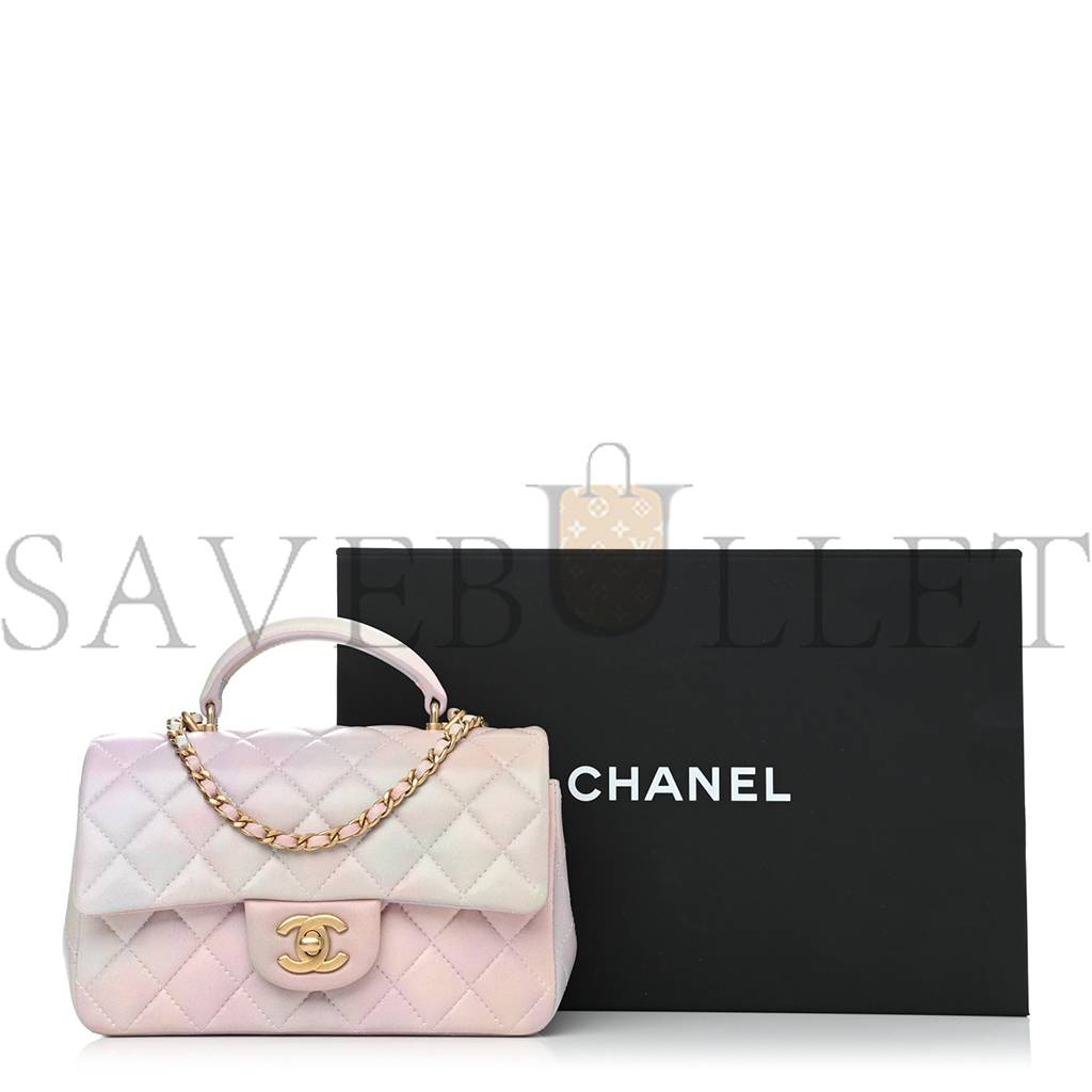 CHANEL LAMBSKIN QUILTED OMBRE MINI TOP HANDLE RECTANGULAR FLAP PINK MULTICOLOR GOLD HARDWARE (20*13*6cm)