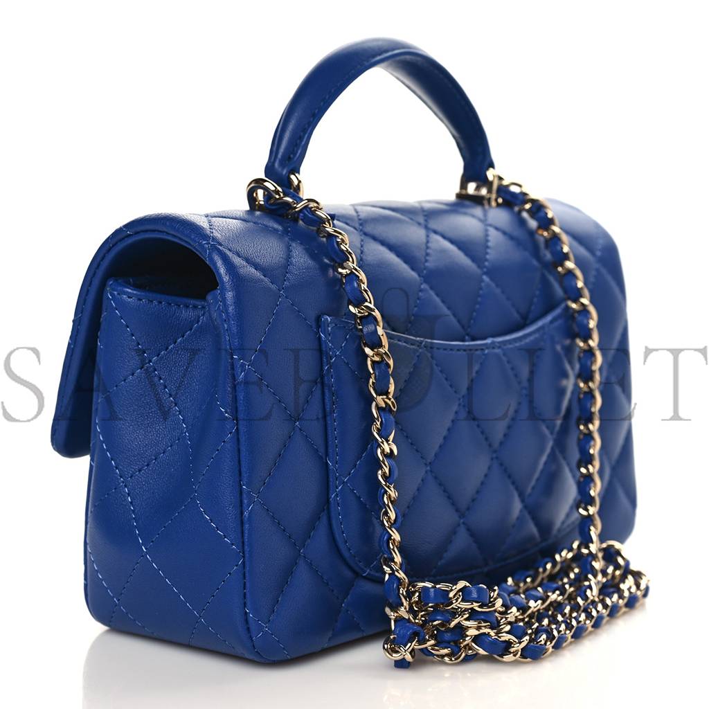 CHANEL LAMBSKIN QUILTED MINI TOP HANDLE RECTANGULAR FLAP BLUE ROSE GOLD HARDWARE (20*12*6cm)