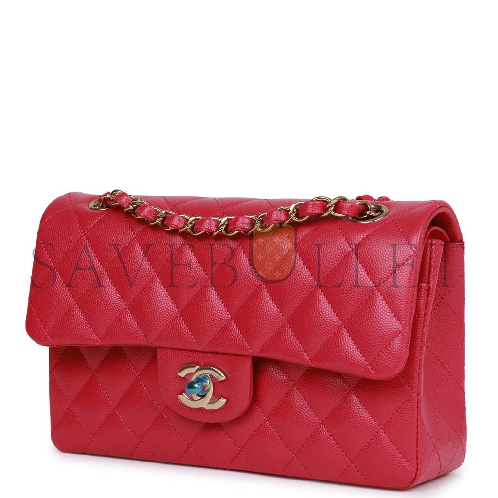 CHANEL SMALL CLASSIC DOUBLE FLAP FUCHSIA CAVIAR LIGHT GOLD HARDWARE (23*13*6cm)