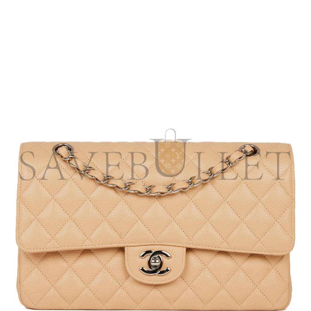 CHANEL MEDIUM CLASSIC DOUBLE FLAP BAG BEIGE CAVIAR SILVER HARDWARE (25*15*7cm)