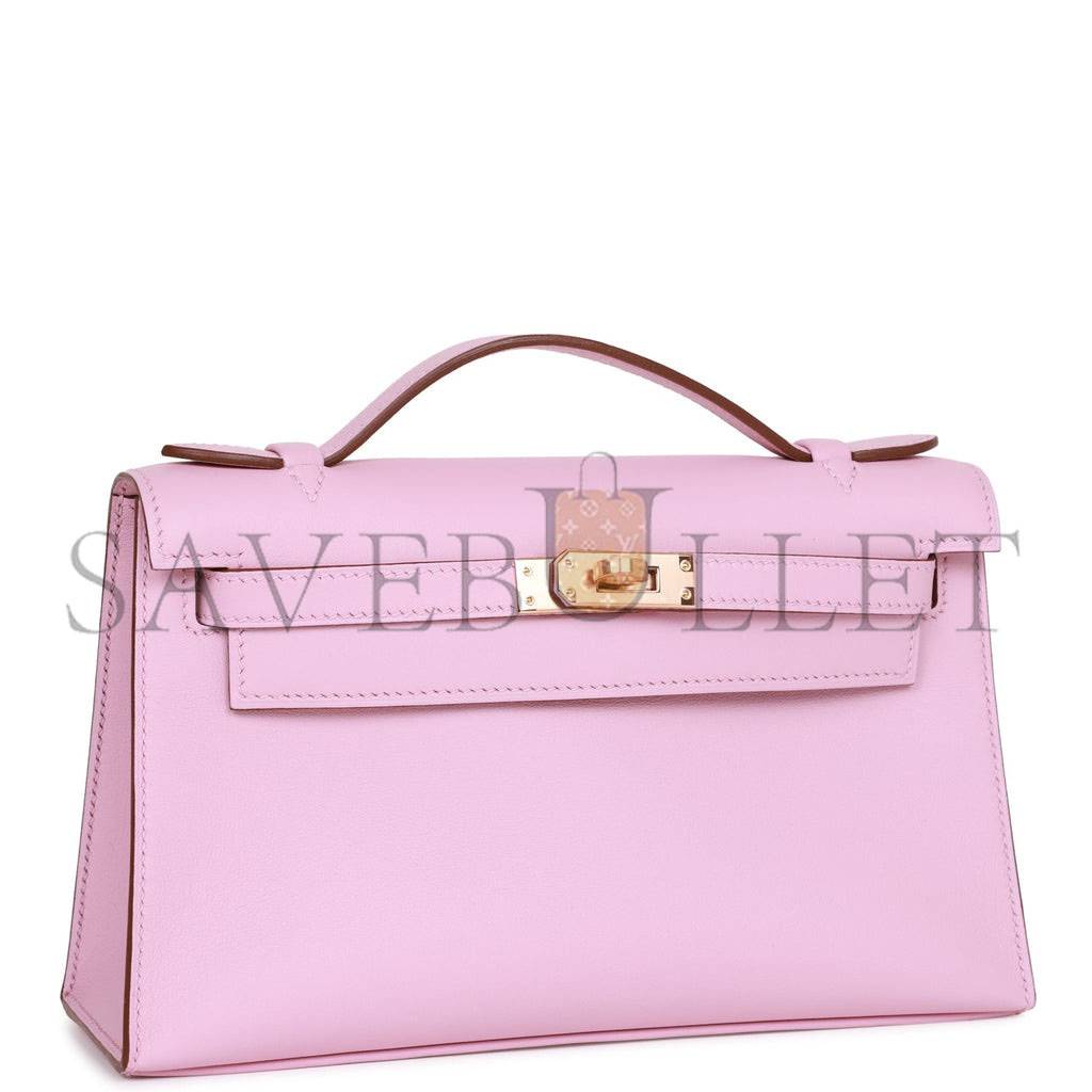 HERMES KELLY POCHETTE MAUVE SYLVESTRE SWIFT ROSE GOLD HARDWARE (22*12*13cm) HERMES KELLY POCHETTE MAUVE SYLVESTRE SWIFT ROSE GOLD HARDWARE (22*12*13cm)
