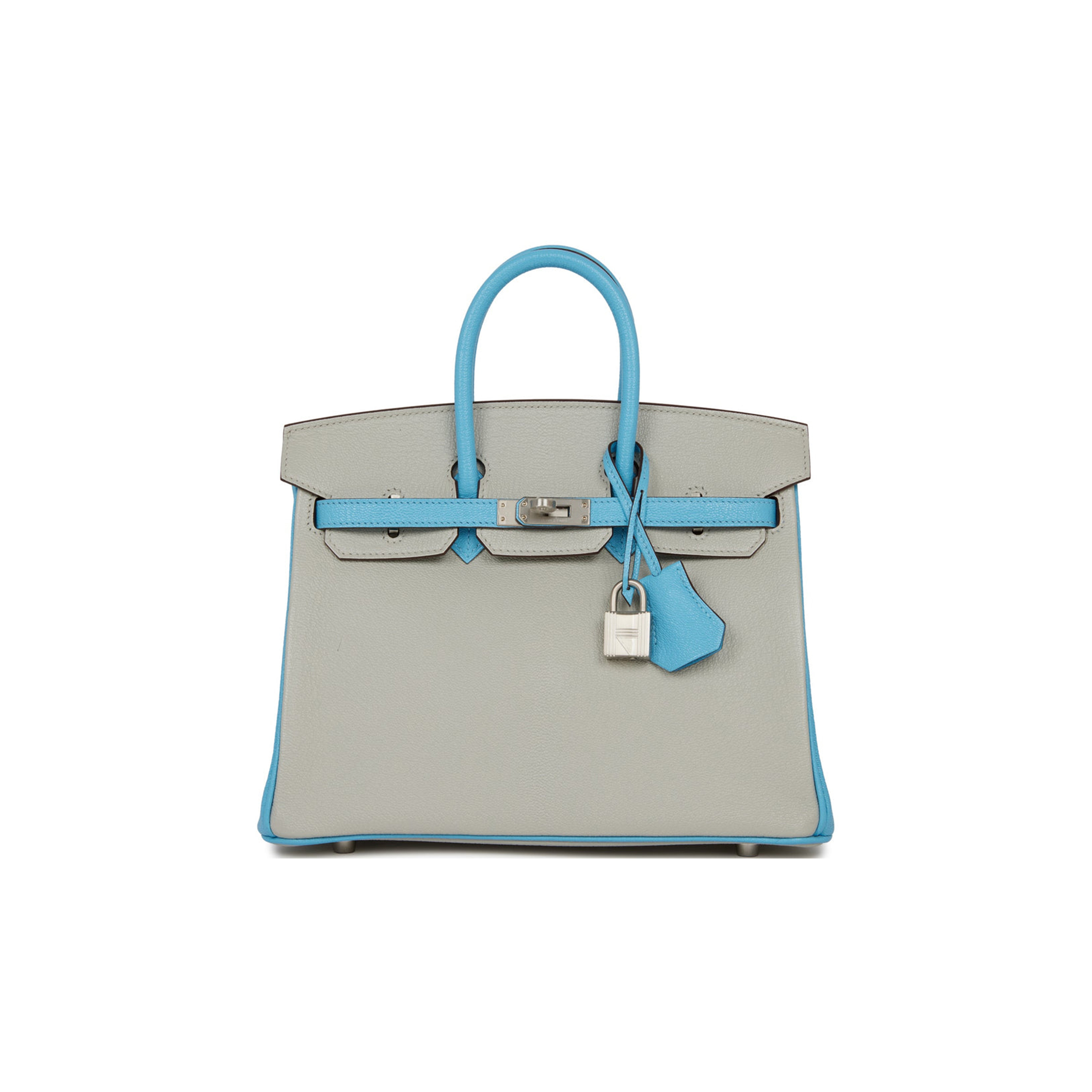 HERMES SPECIAL ORDER (HSS) BIRKIN 25 GRIS PERLE AND BLEU DU NORD CHÈVRE BRUSHED PALLADIUM HARDWARE HANDMADE (25cm)