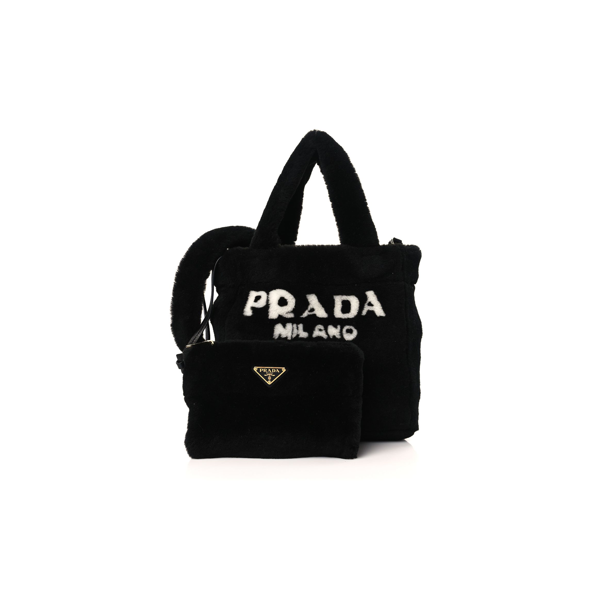 PRADA SHEARLING LOGO MINI TOTE BLACK WHITE (25*23*9cm) PRADA SHEARLING LOGO MINI TOTE BLACK WHITE (25*23*9cm)