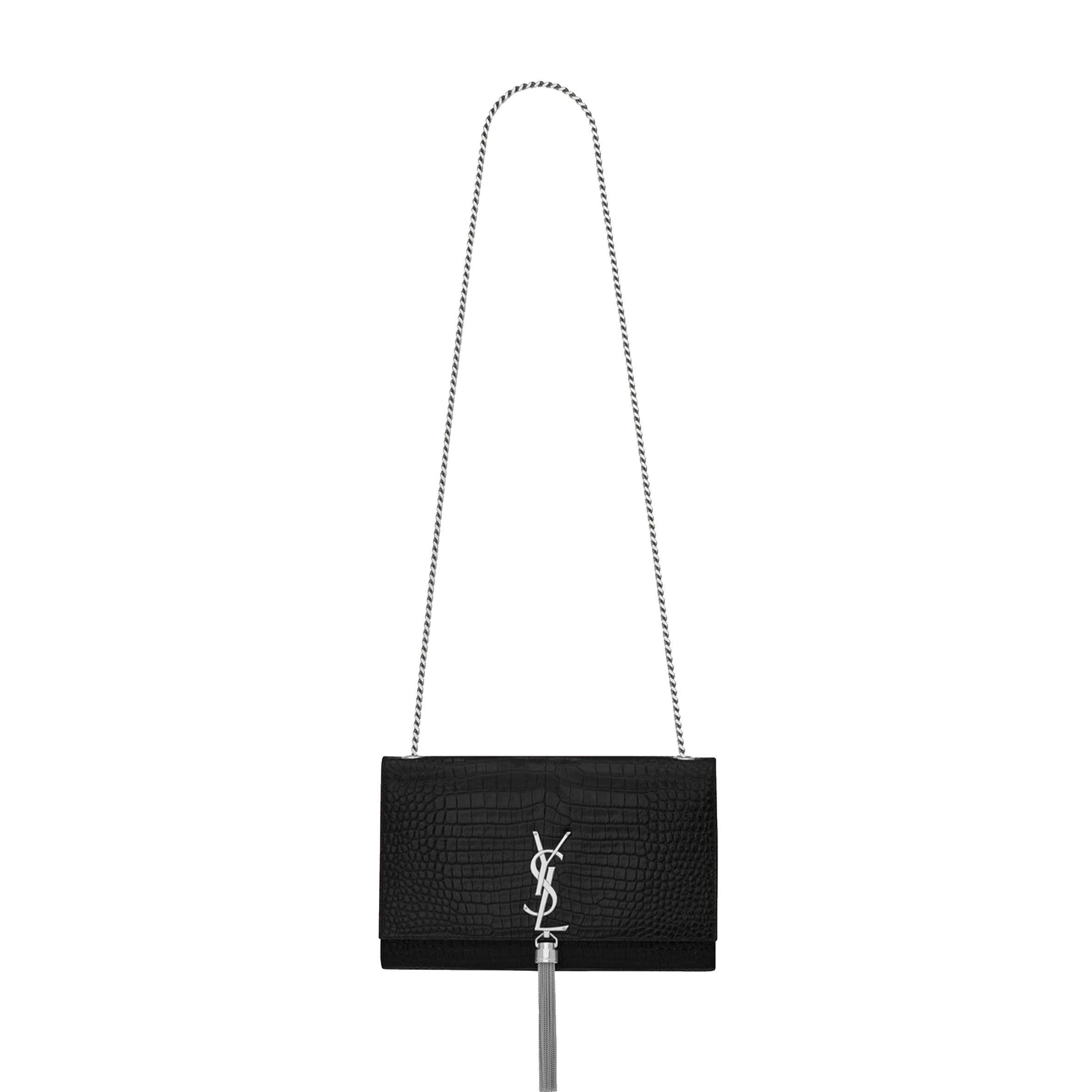 YSL KATE MEDIUM CHAIN BAG WITH TASSEL IN EMBOSSED CROCODILE SHINY LEATHER 354119DND0N1000 (24*14.5*5.5cm) YSL KATE MEDIUM CHAIN BAG WITH TASSEL IN EMBOSSED CROCODILE SHINY LEATHER 354119DND0N1000 (24*14.5*5.5cm)