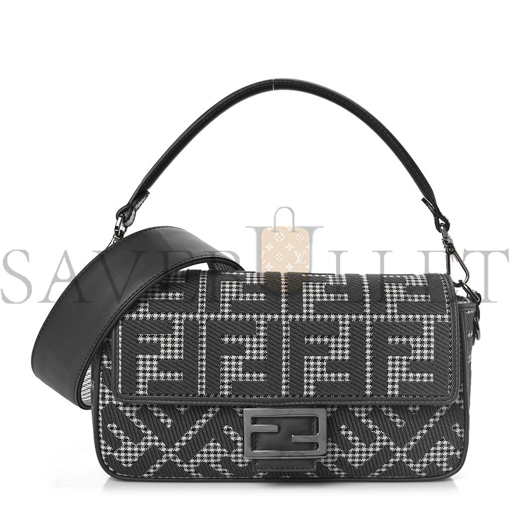 FENDI WOOL VITELLO KING HOUNDSTOOTH FF EMBROIDERED BAGUETTE GRIGIO ANTHRACITE (27*17*6cm)