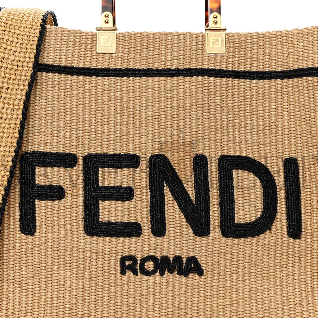 FENDI STRAW VITELLO KING PLEXIGLASS WOVEN MEDIUM FENDI SUNSHINE SHOPPER TOTE NATURAL BLACK (36*32*17cm)